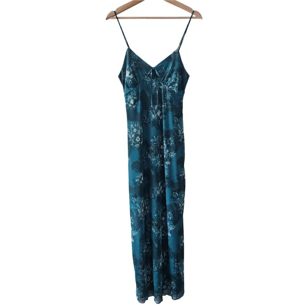 No Comment Sheer Collection Y2K Teal Floral Maxi Dress Sz M NWT
